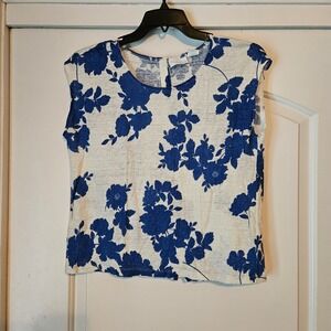 Cynthia Rowley Blue Floral Shirt Size Large 100% Linen Cap Sleeve Button Back